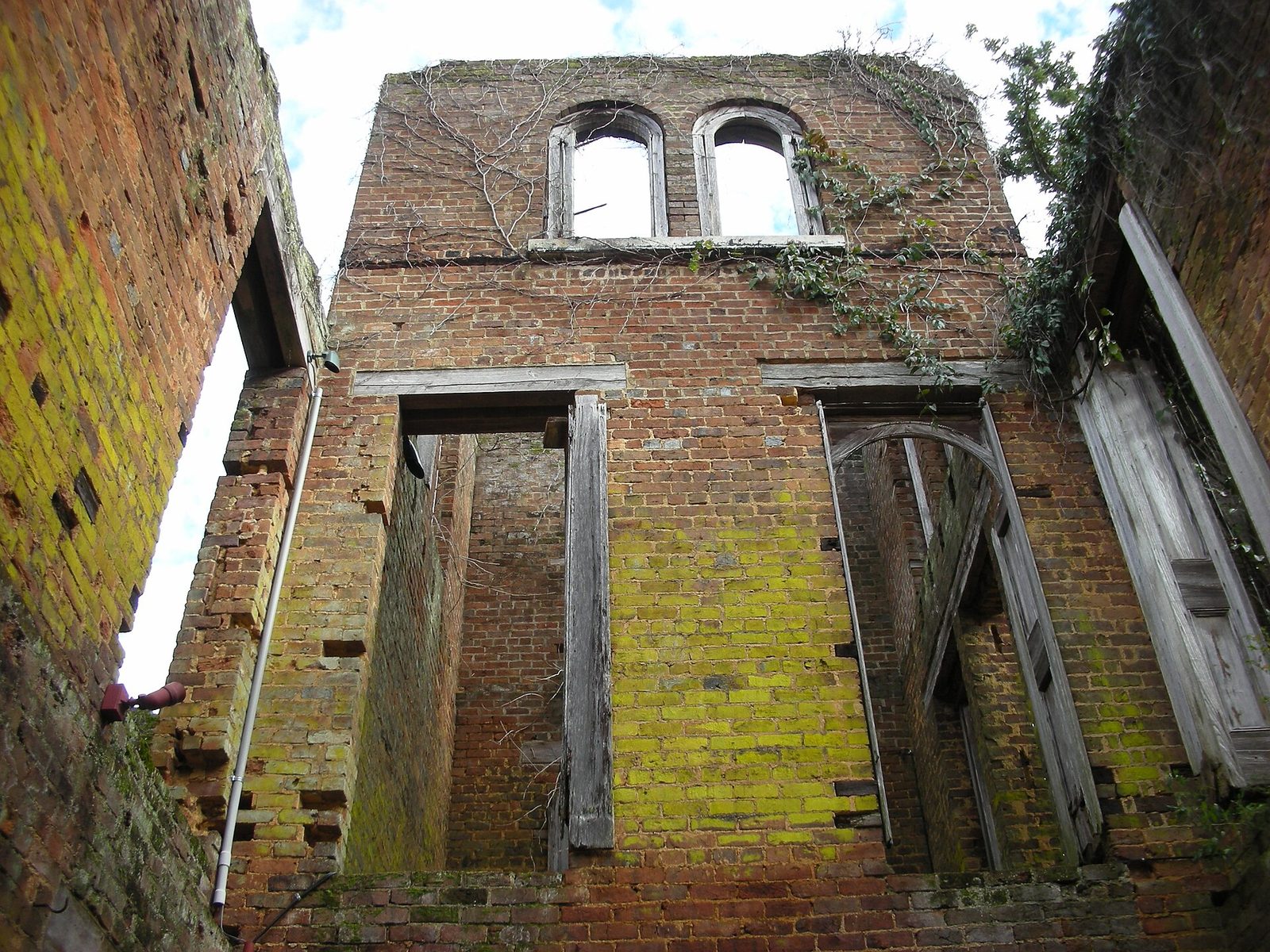 The roofless brick walls of Woodlands Manor at Barnsley Gardens in Adairsville, Georgia, with arched upper windows and ivy growing over the top courses