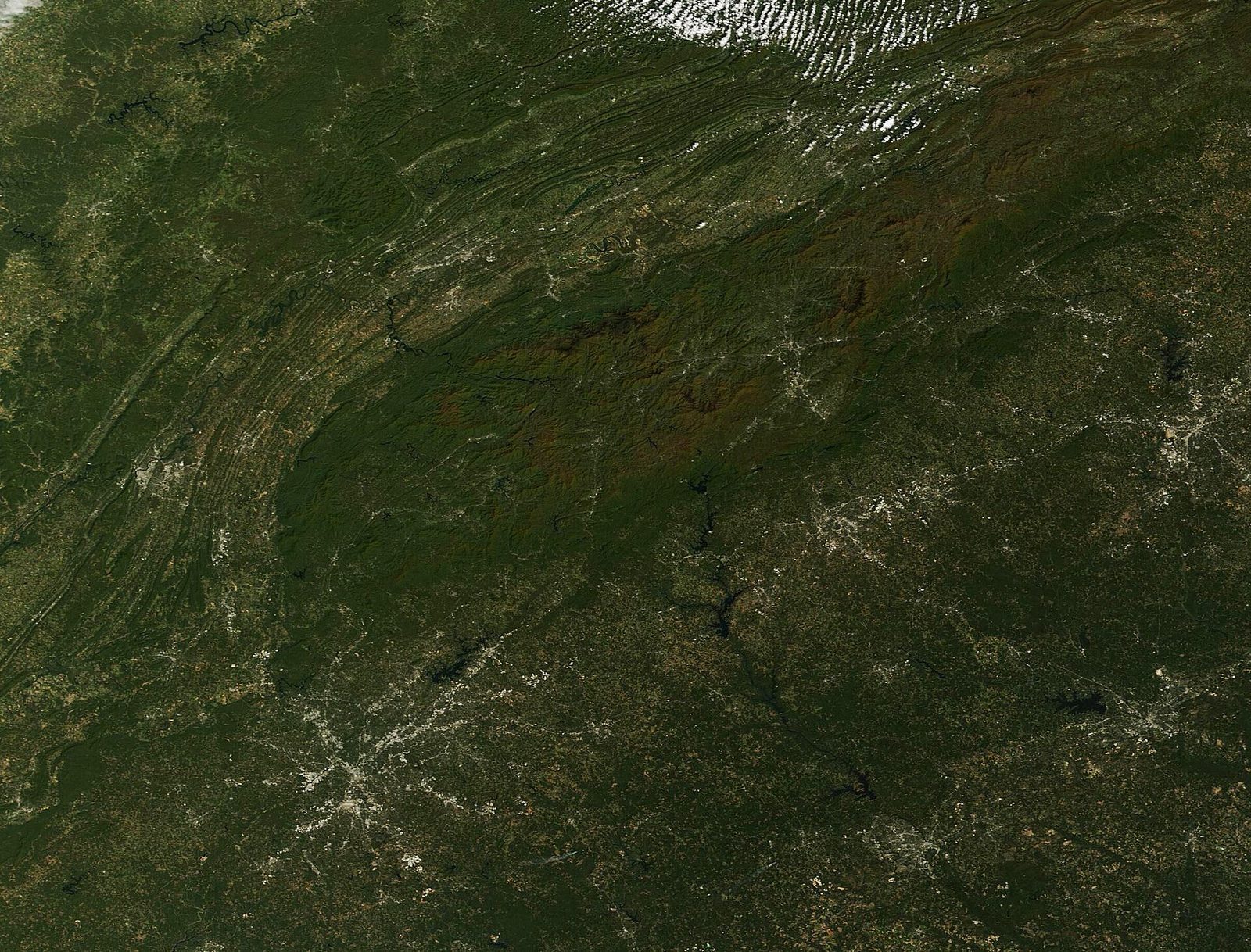 A satellite view of the southern Appalachians in mid-October, with rust-colored fall foliage appearing on the high ridges while the lower country remains green