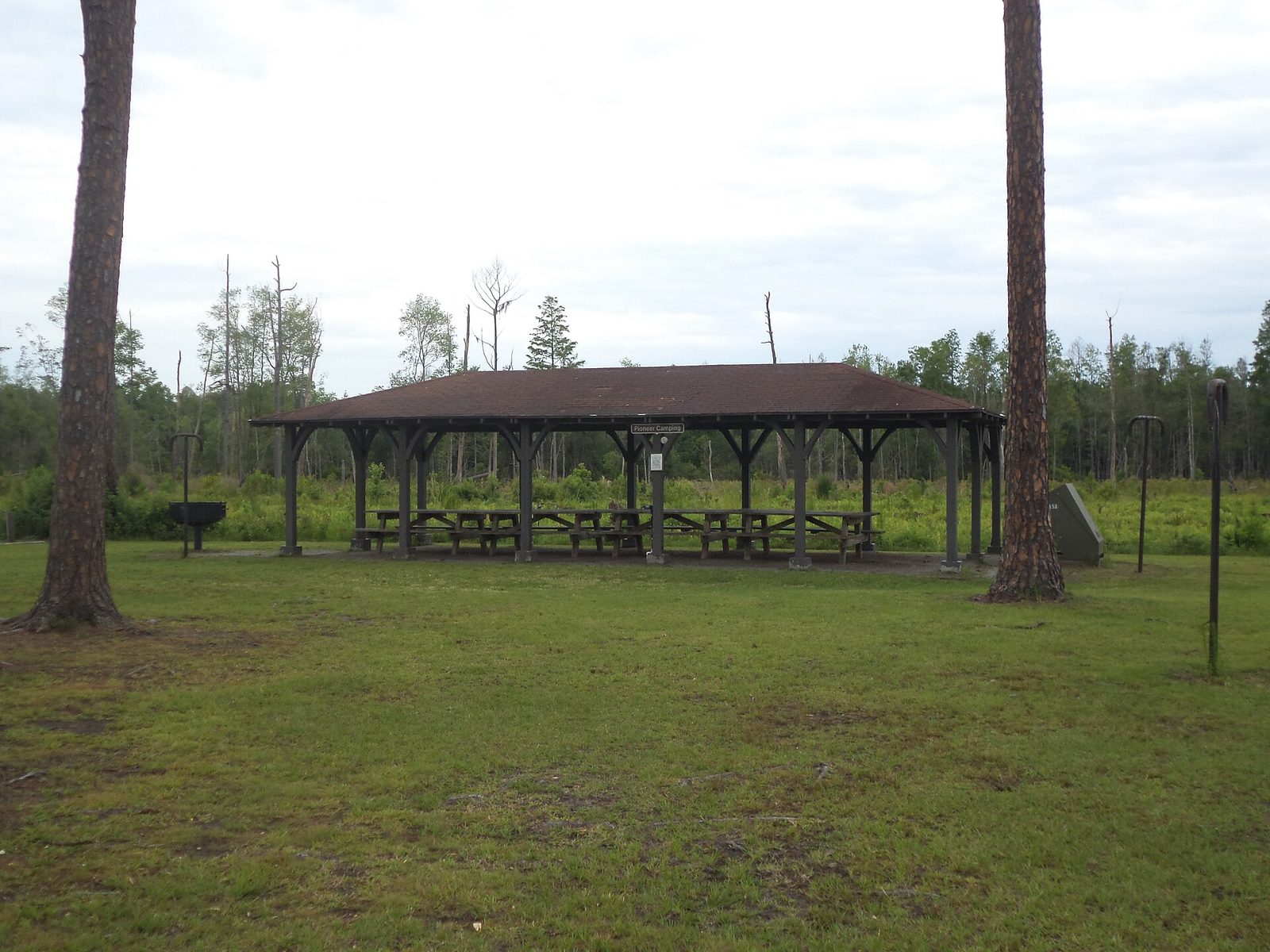 An open timber pioneer camping shelter with picnic tables, a grill and lantern hooks on mown grass at Stephen C. Foster State Park, with swamp forest behind